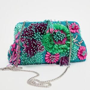 Zara Multicolor Floral Beaded Crossbody Bag with Silver Chain Strap Embellished